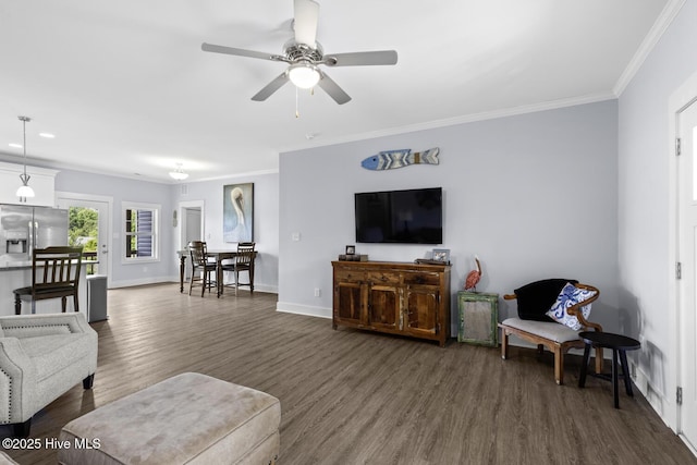 452 Crows Nest Ln, Sneads Ferry, NC 28460 - living area with dark wood finished floors, a ceiling fan, crown molding, and baseboards