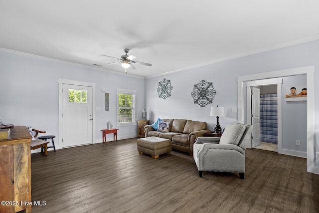 452 Crows Nest Ln, Sneads Ferry, NC 28460 - living area featuring dark wood-style floors, a ceiling fan, crown molding, and baseboards