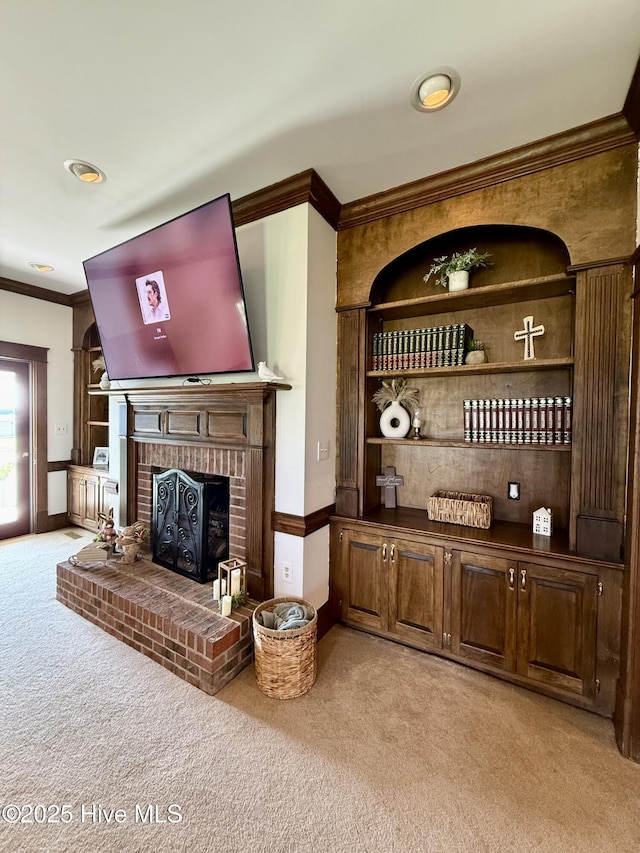 5934 NC-42, Macclesfield, NC 27852 - living area with light carpet, ornamental molding, a brick fireplace, and baseboards