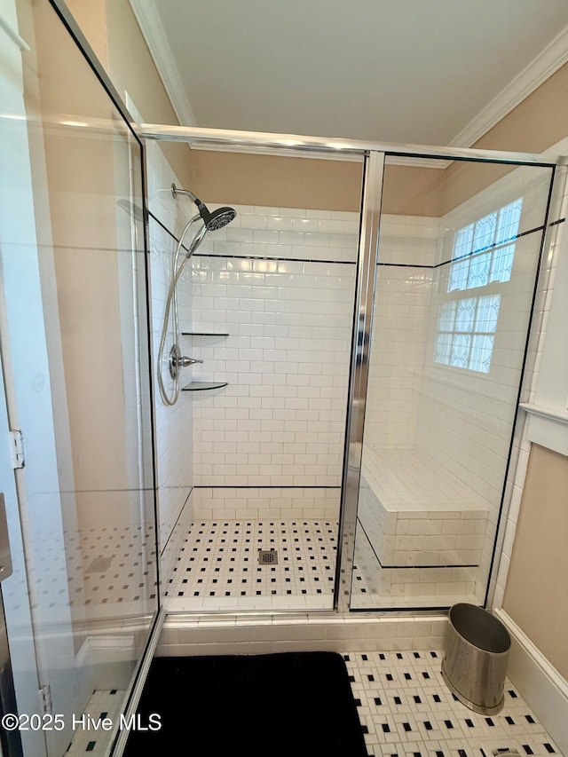 5934 NC-42, Macclesfield, NC 27852 - full bathroom with crown molding, tile patterned flooring, a stall shower, and baseboards