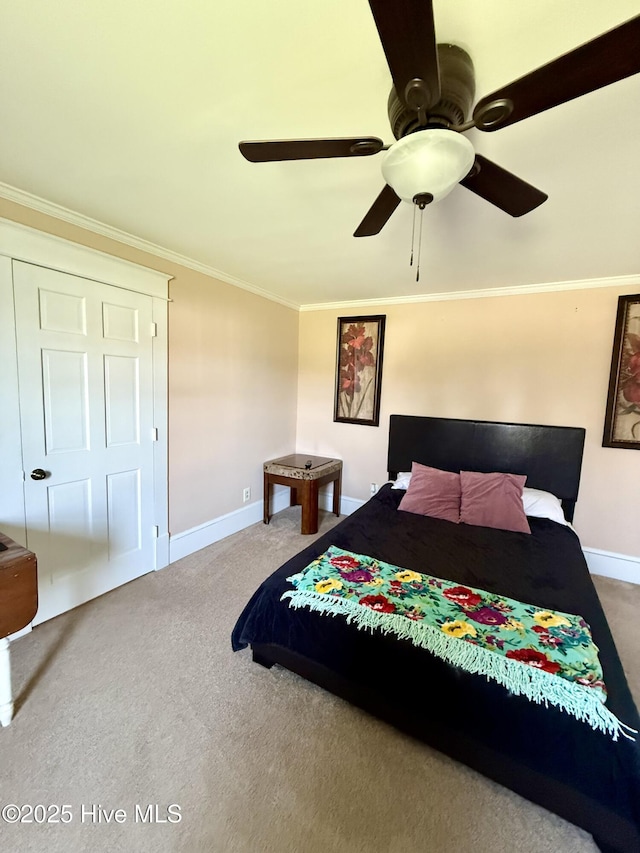 5934 NC-42, Macclesfield, NC 27852 - carpeted bedroom featuring baseboards, ornamental molding, and ceiling fan