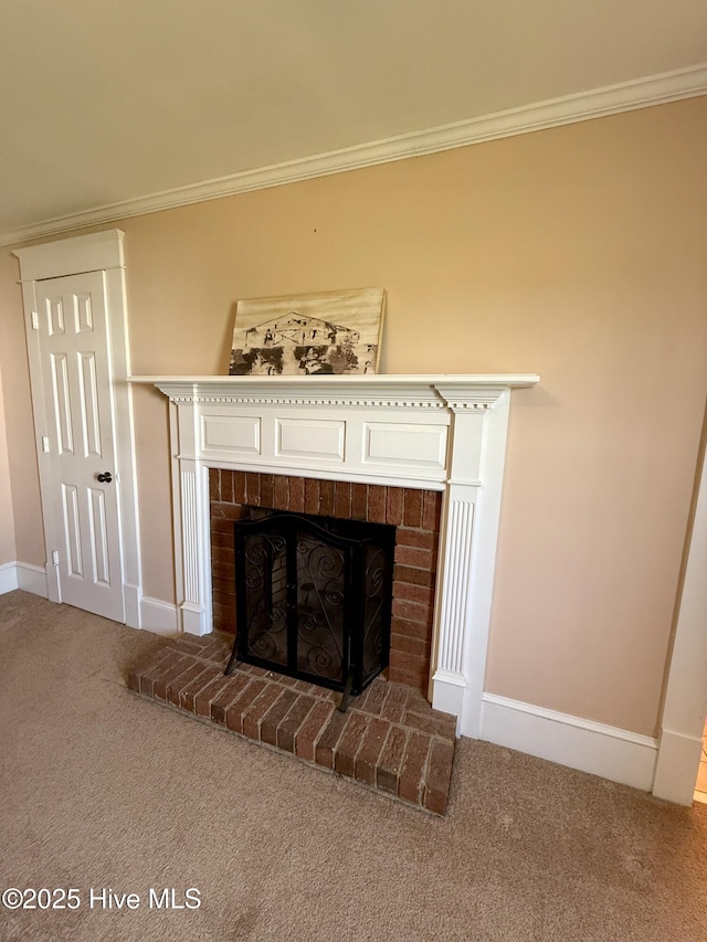 5934 NC-42, Macclesfield, NC 27852 - detailed view of carpet flooring, a fireplace, ornamental molding, and baseboards