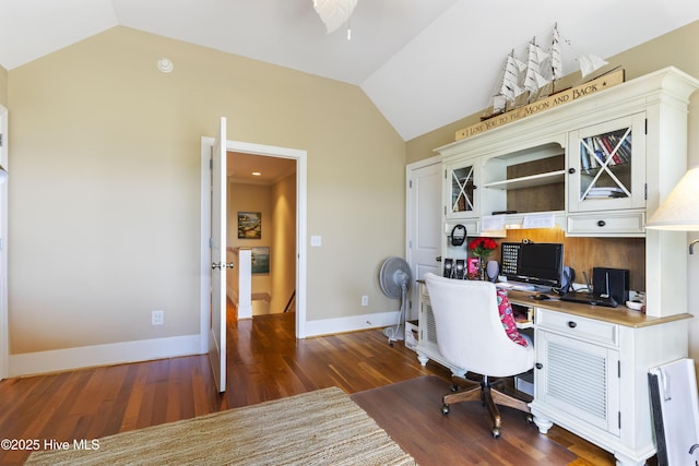 209 Georgia Ave, Carolina Beach, NC 28428 - office area featuring vaulted ceiling, wood finished floors, and baseboards