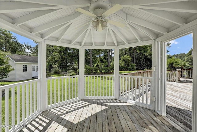 205 S Grist Mill Rd, Hampstead, NC 28443 - wooden terrace with a ceiling fan, a yard, view of wooded area, and a gazebo