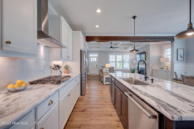 232 Trawlers Way, Wilmington, NC 28412 - kitchen featuring a sink, wall chimney exhaust hood, appliances with stainless steel finishes, recessed lighting, and light wood-style floors