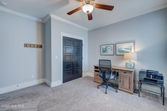 232 Trawlers Way, Wilmington, NC 28412 - home office featuring ornamental molding, ceiling fan, carpet flooring, and baseboards
