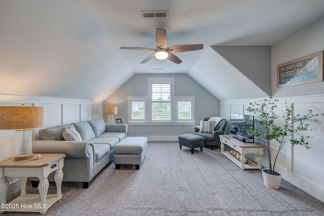 232 Trawlers Way, Wilmington, NC 28412 - living room featuring carpet, a ceiling fan, and lofted ceiling