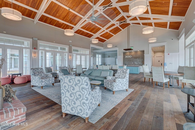 232 Trawlers Way, Wilmington, NC 28412 - living area featuring wooden ceiling with exposed beams, high vaulted ceiling, dark wood-type flooring, and ceiling fan