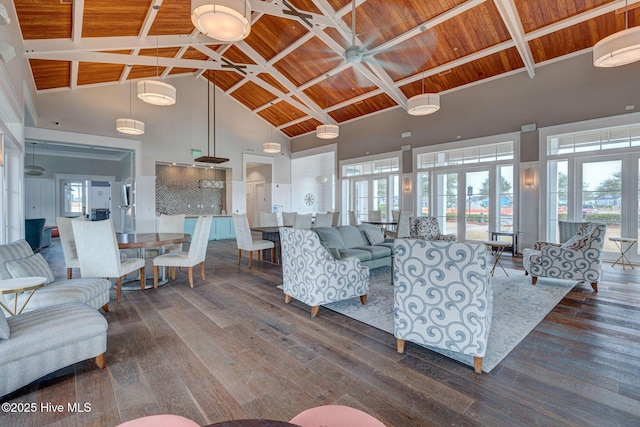 232 Trawlers Way, Wilmington, NC 28412 - living room with wooden ceiling with exposed beams, high vaulted ceiling, and dark wood-style floors