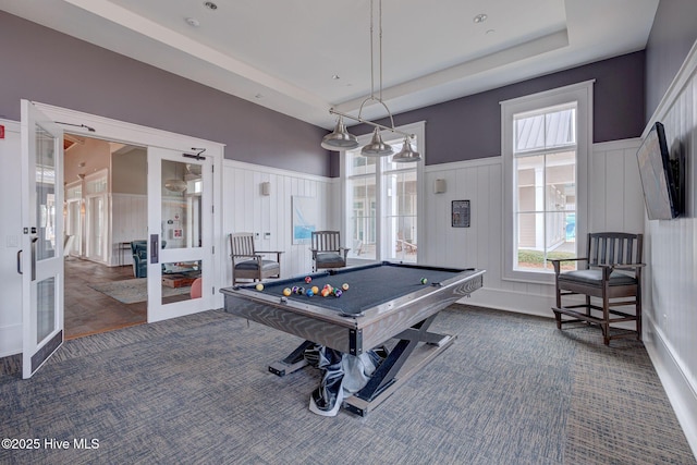 232 Trawlers Way, Wilmington, NC 28412 - recreation room with french doors, carpet, billiards table, a wainscoted wall, and a decorative wall
