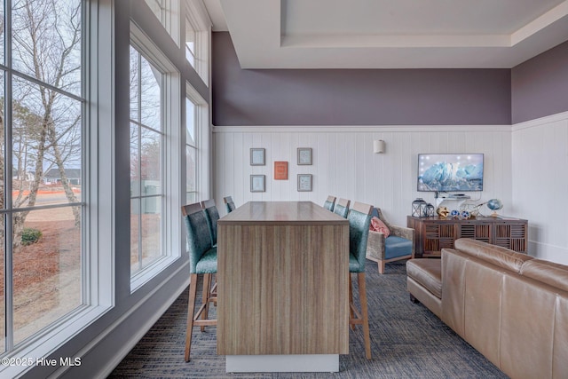 232 Trawlers Way, Wilmington, NC 28412 - dining space with a wainscoted wall, dark carpet, and a tray ceiling