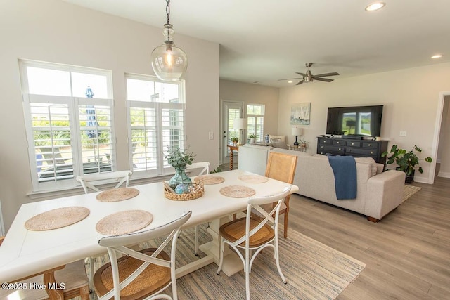 873 Bourne Dr SW, Ocean Isle Beach, NC 28469 - dining area with light wood-style floors, recessed lighting, and ceiling fan