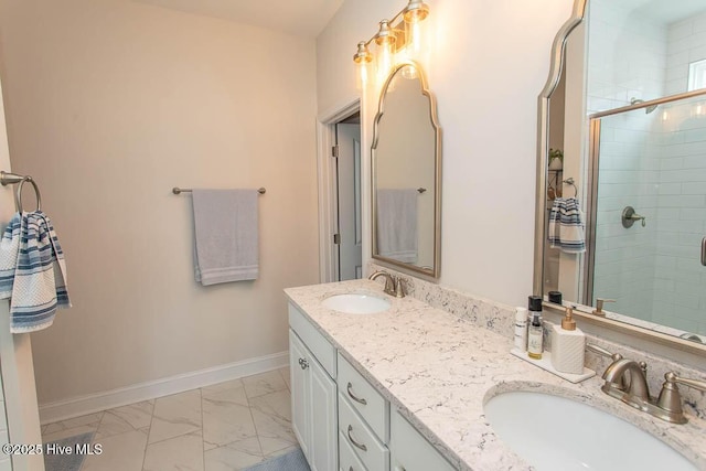 873 Bourne Dr SW, Ocean Isle Beach, NC 28469 - full bathroom featuring marble finish floors, baseboards, double vanity, and a stall shower
