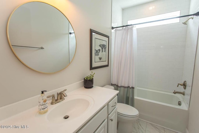 873 Bourne Dr SW, Ocean Isle Beach, NC 28469 - full bath with vanity, shower / bath combo with shower curtain, toilet, and marble look tile flooring
