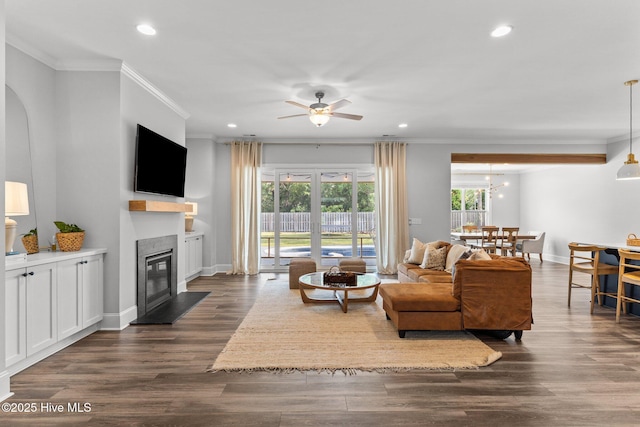 386 Yucca Ln, Wilmington, NC 28412 - living room featuring crown molding, a fireplace with flush hearth, recessed lighting, plenty of natural light, and a ceiling fan