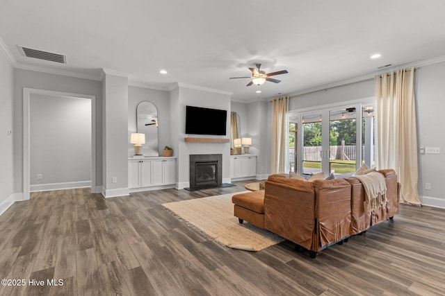 386 Yucca Ln, Wilmington, NC 28412 - living area with a ceiling fan, recessed lighting, wood finished floors, baseboards, and a fireplace with flush hearth