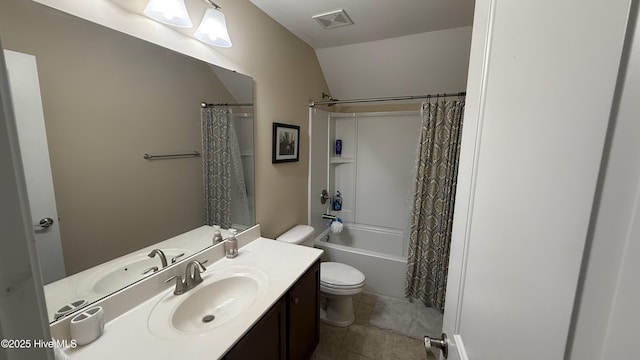 308 E Dolphin Vw, Sneads Ferry, NC 28460 - bathroom featuring toilet, vanity, shower / bathtub combination with curtain, tile patterned flooring, and lofted ceiling