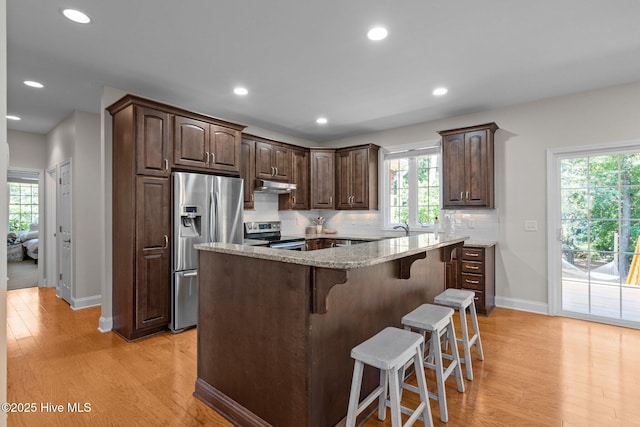 103 Sandspur Ln, West End, NC 27376 - kitchen featuring appliances with stainless steel finishes, under cabinet range hood, baseboards, light wood-type flooring, and a sink