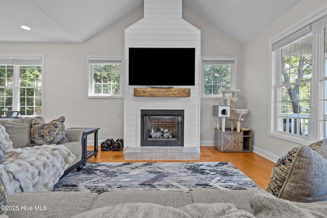 103 Sandspur Ln, West End, NC 27376 - living area featuring lofted ceiling, healthy amount of natural light, a fireplace, baseboards, and wood finished floors