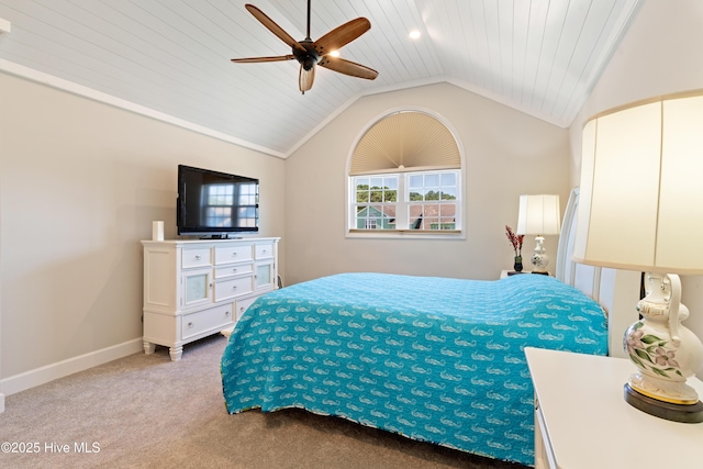 632 Settlers Ln, Kure Beach, NC 28449 - bedroom with light carpet, lofted ceiling, wooden ceiling, and a ceiling fan