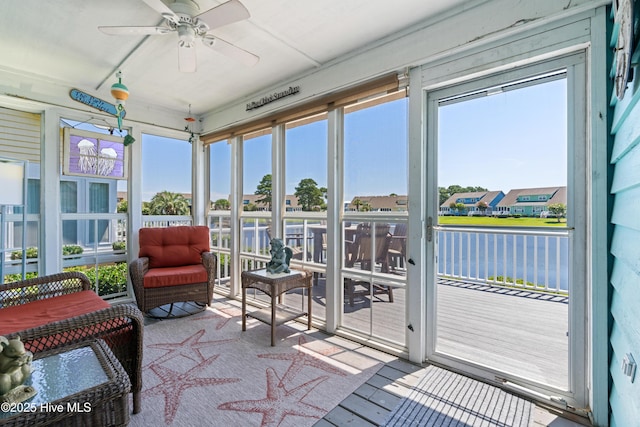 632 Settlers Ln, Kure Beach, NC 28449 - sunroom / solarium with a water view and ceiling fan