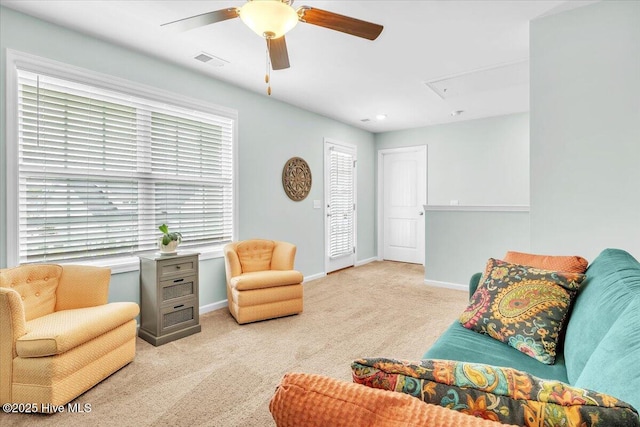 1233 Lt Congleton Rd, Wilmington, NC 28409 - living room with attic access, carpet, a ceiling fan, and baseboards