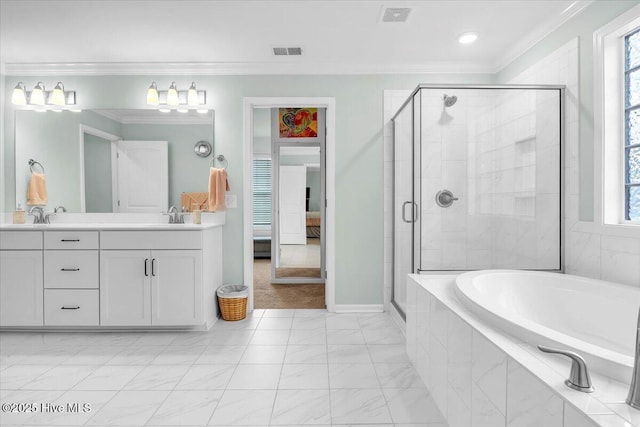 1233 Lt Congleton Rd, Wilmington, NC 28409 - ensuite bathroom with a bath, a shower stall, double vanity, ornamental molding, and baseboards