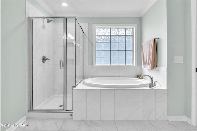 1233 Lt Congleton Rd, Wilmington, NC 28409 - full bath with a bath, a shower stall, crown molding, baseboards, and marble finish flooring