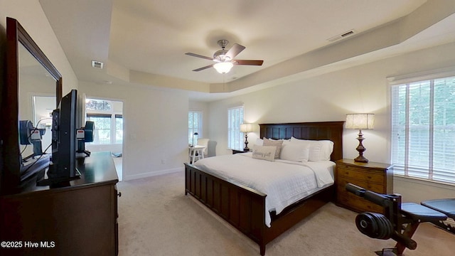 2019 Royal Pines Dr, New Bern, NC 28560 - bedroom featuring light colored carpet, a raised ceiling, multiple windows, and baseboards