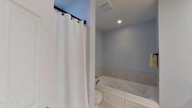 2019 Royal Pines Dr, New Bern, NC 28560 - bathroom with a tub with jets, toilet, recessed lighting, and curtained shower