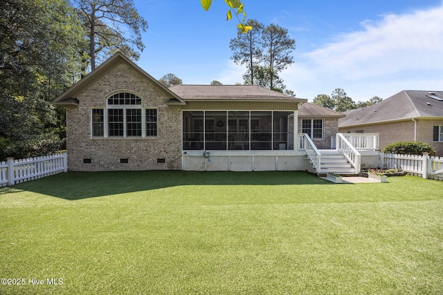 2019 Royal Pines Dr, New Bern, NC 28560 - rear view of property with crawl space, brick siding, a sunroom, a shingled roof, and a deck