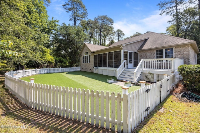 2019 Royal Pines Dr, New Bern, NC 28560 - rear view of property with a sunroom, brick siding, roof with shingles, and stairs