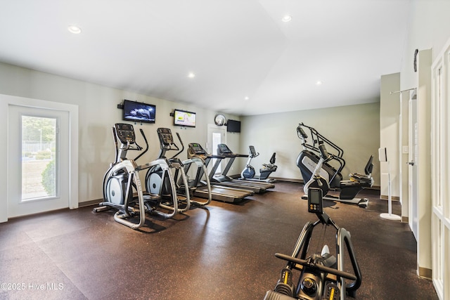 2019 Royal Pines Dr, New Bern, NC 28560 - gym featuring recessed lighting, baseboards, and lofted ceiling