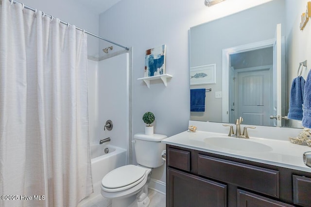 1000 Spot Cir, New Bern, NC 28562 - bathroom featuring toilet, vanity, shower / bathtub combination with curtain, and baseboards