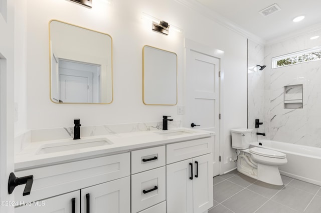1605 E Oak Island Dr, Oak Island, NC 28465 - full bath with double vanity, toilet, ornamental molding, shower / bath combination, and tile patterned floors