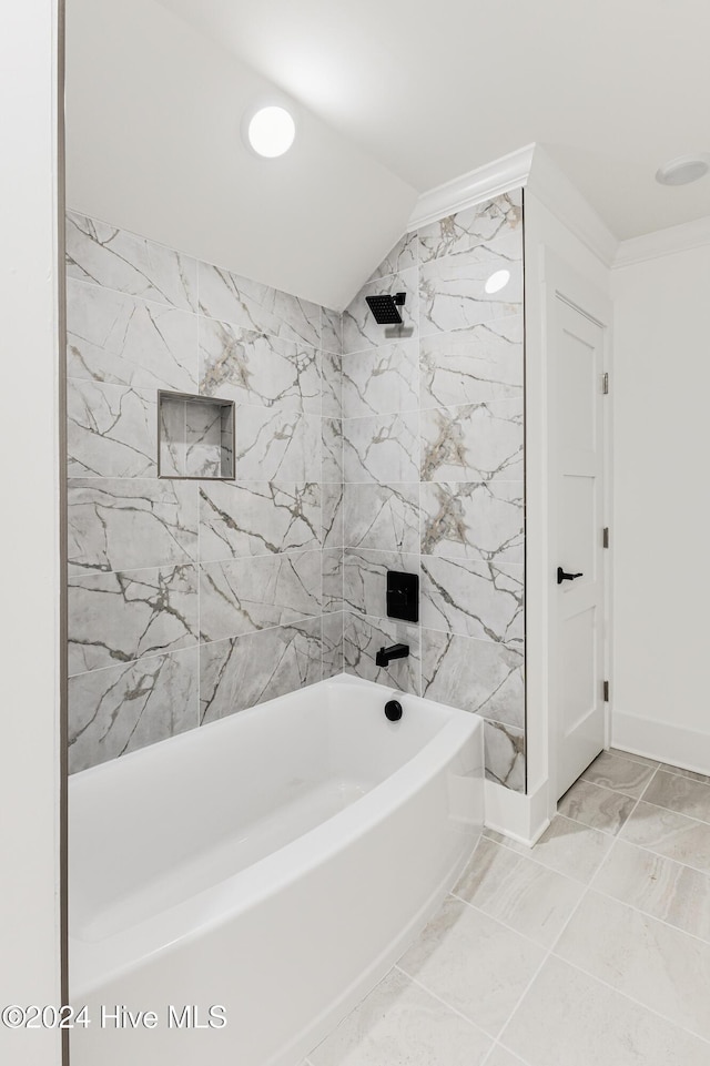 1605 E Oak Island Dr, Oak Island, NC 28465 - bathroom featuring shower / tub combination, marble finish floors, baseboards, lofted ceiling, and crown molding