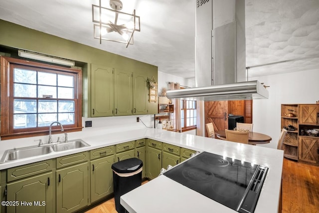 10179 NC Highway 305, Jackson, NC 27845 - kitchen featuring green cabinetry, a sink, a peninsula, and black electric stovetop