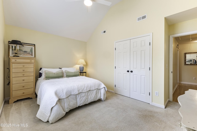 3863 Daphine Ct, Wilmington, NC 28409 - carpeted bedroom featuring attic access, a closet, baseboards, ceiling fan, and high vaulted ceiling