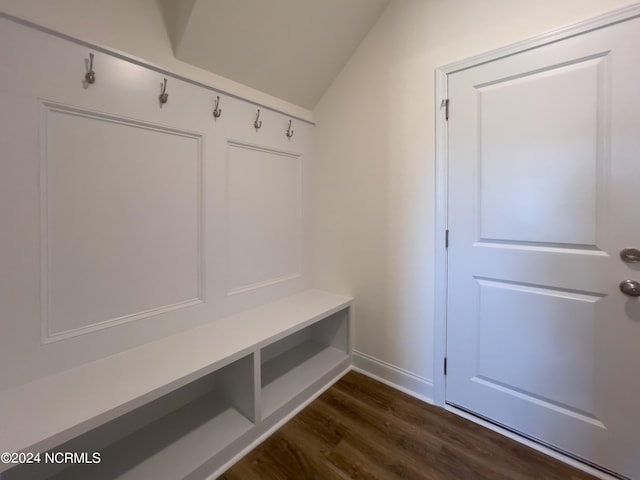 136 Ziggy Way, Raeford, NC 28376 - mudroom with dark wood-style floors, vaulted ceiling, and baseboards