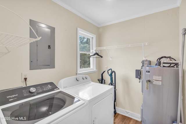 214 Frink Dr, Southport, NC 28461 - laundry area with electric water heater, electric panel, washing machine and dryer, light wood-style floors, and crown molding