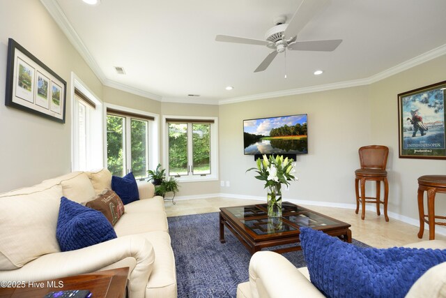 467 Longleaf Dr, West End, NC 27376 - living room featuring recessed lighting, crown molding, baseboards, a ceiling fan, and tile patterned floors