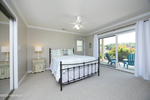 467 Longleaf Dr, West End, NC 27376 - bedroom featuring access to exterior, carpet floors, ornamental molding, baseboards, and a ceiling fan