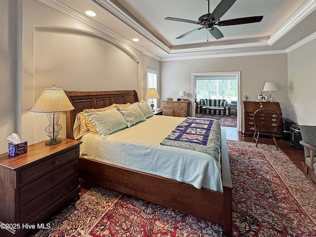 6003 Mount Carmel Parke, Wilmington, NC 28412 - bedroom with a tray ceiling, wood finished floors, crown molding, recessed lighting, and ceiling fan