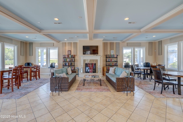 6003 Mount Carmel Parke, Wilmington, NC 28412 - living room with coffered ceiling, healthy amount of natural light, light tile patterned floors, a premium fireplace, and beamed ceiling
