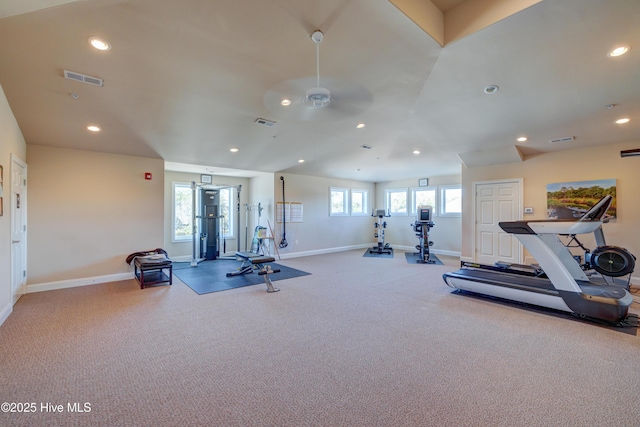 6003 Mount Carmel Parke, Wilmington, NC 28412 - gym with baseboards, carpet floors, recessed lighting, and a ceiling fan