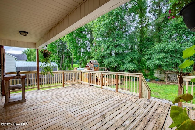 109 Hilda Dr, New Bern, NC 28562 - deck featuring a playground and a fenced backyard