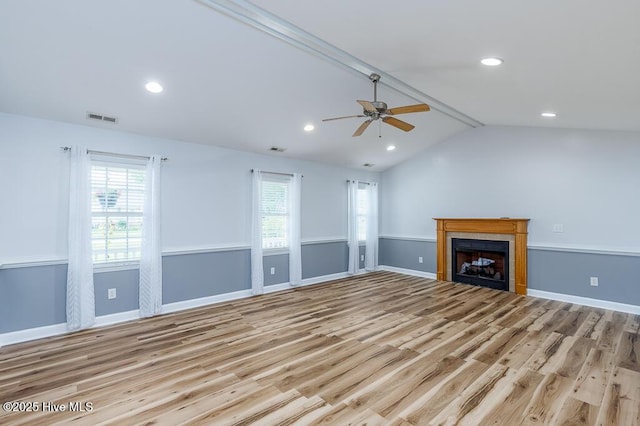 109 Hilda Dr, New Bern, NC 28562 - unfurnished living room featuring vaulted ceiling, healthy amount of natural light, light wood-style flooring, ceiling fan, and recessed lighting