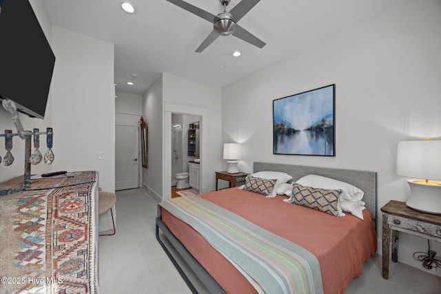 183 W Main St Unit 205, Washington, NC 27889 - bedroom featuring light colored carpet, recessed lighting, connected bathroom, and ceiling fan