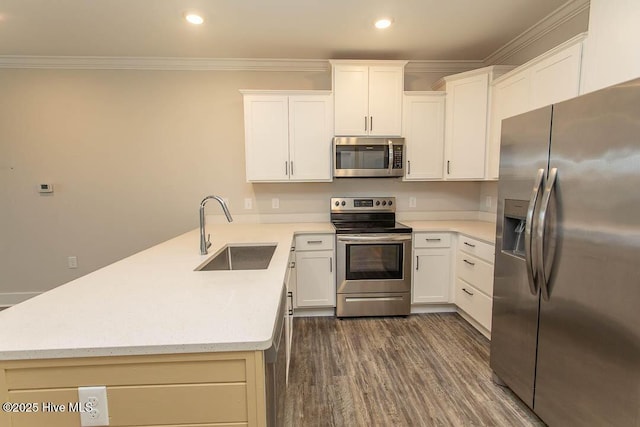 395 S Crow Creek Dr NW Unit 1615, Calabash, NC 28467 - kitchen with stainless steel appliances, a sink, a peninsula, crown molding, and recessed lighting