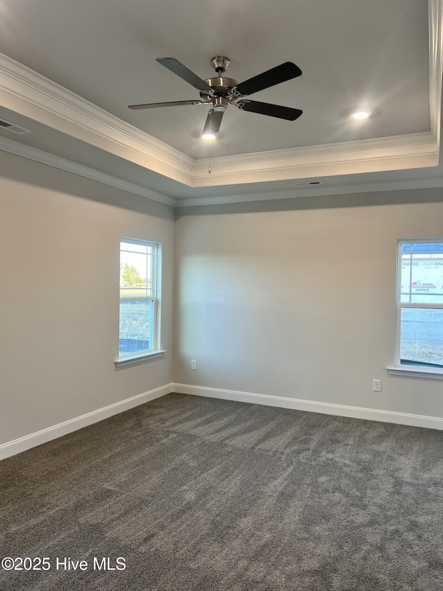 5046 Holly Hill Ct Lot 23, Battleboro, NC 27809 - spare room with a tray ceiling, crown molding, dark colored carpet, and baseboards